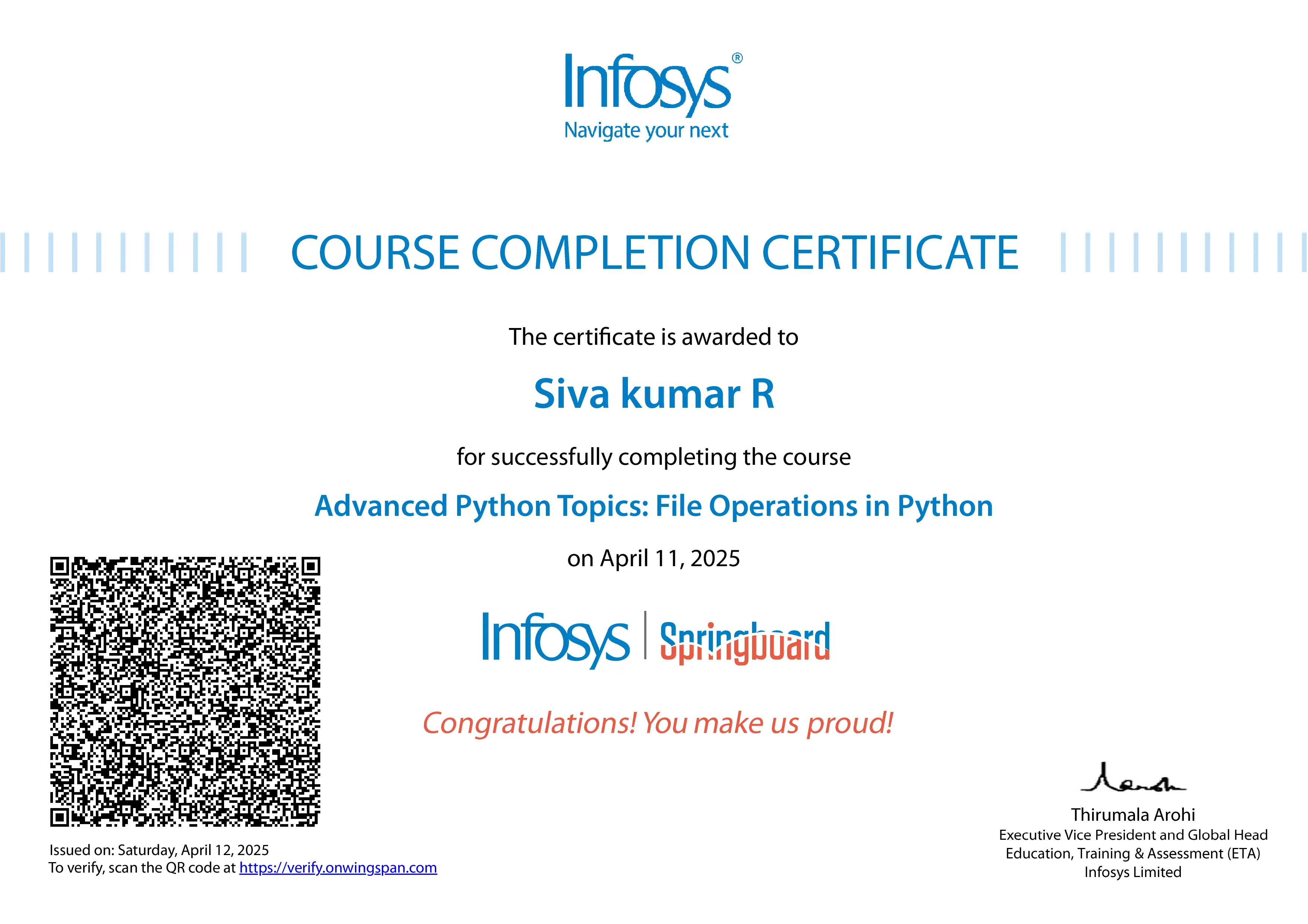 Siva Kumar R Advanced Python Topics Certification